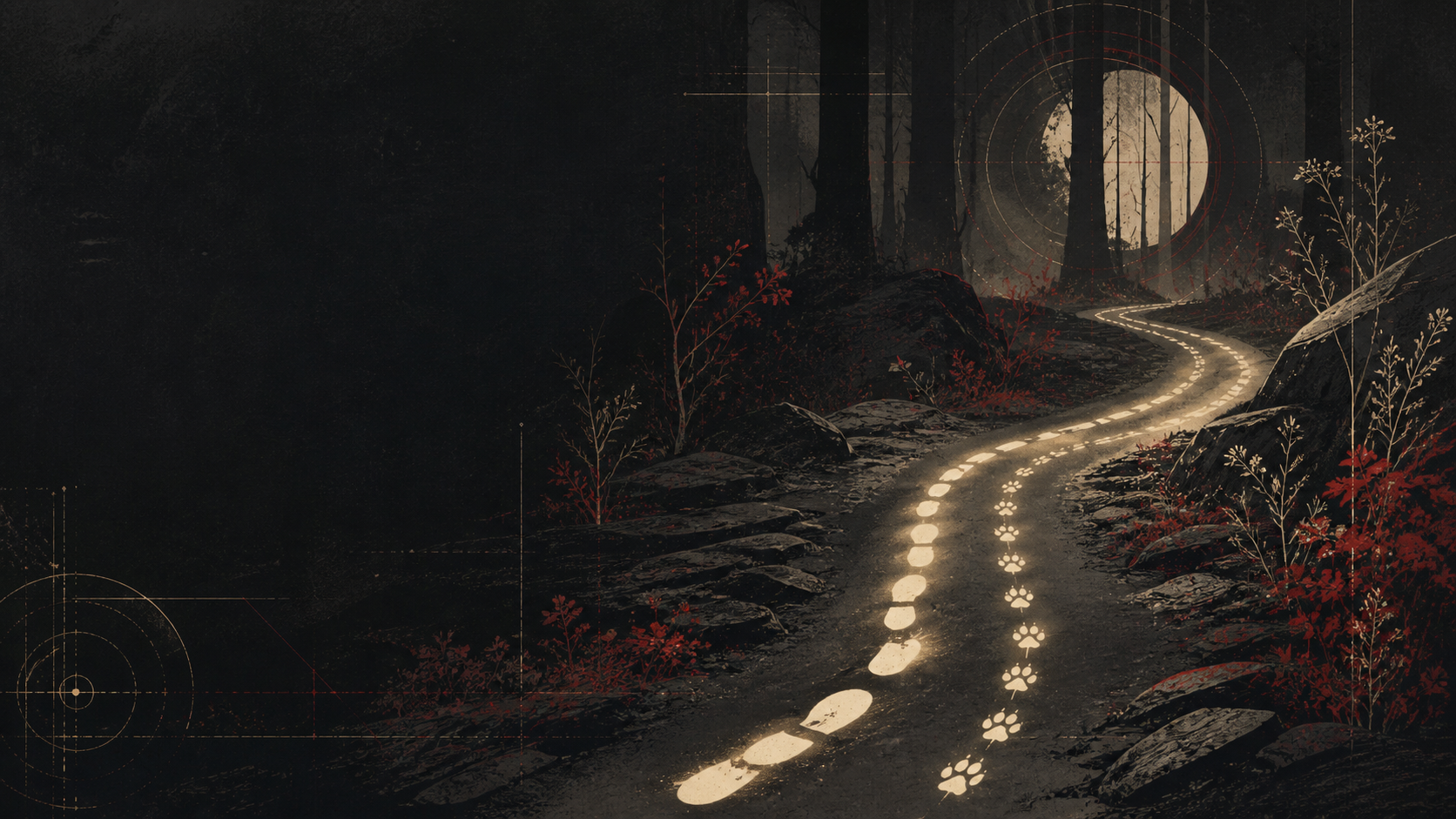 Original dark forest illustration with human and hound tracks leading toward an ivory moon
